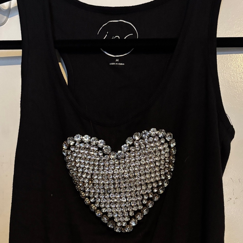 INC International Concepts Black Tank Top with Silver Heart Design